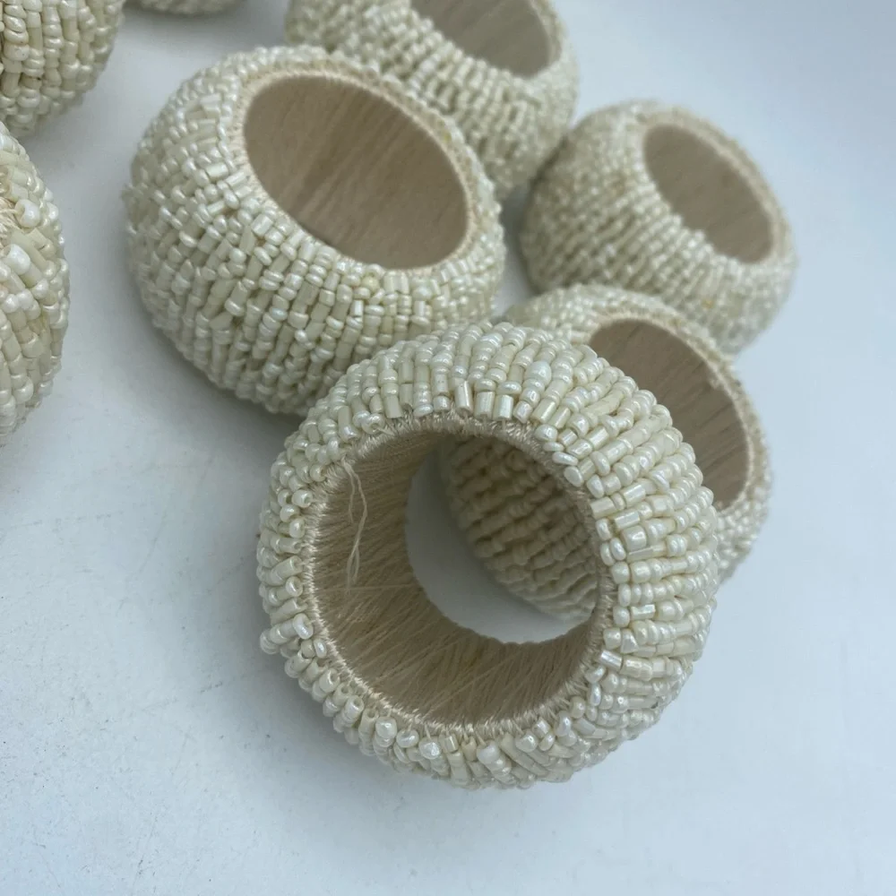 VTG Set Of 9 Beaded Cream Color Chunky Napkin Rings Holders